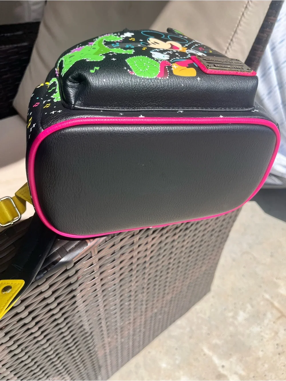 Disney Black Mini Backpack with Yellow Straps and Colorful Mickey Fantasy Print